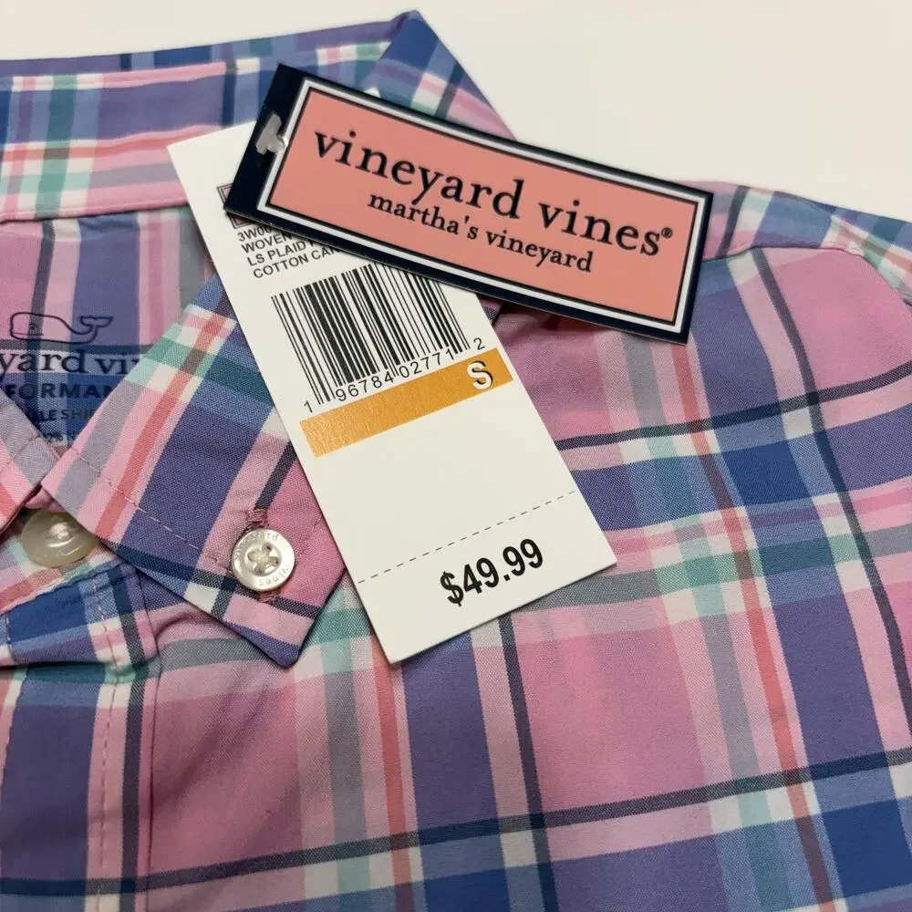 Vineyard Vines Shirt Boys Small 8-10 Pink Plaid Performance Whale Button Down